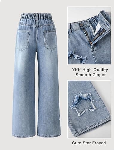 Fulihug Jeans for Girls Baggy Wide Leg Cute Bow High Elastic Waisted Denim Pants Y2K Boyfriend Skater Streetwear 7-14Y thumbnail 5