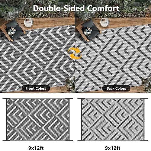 Kohree Outdoor Rug, Wave, 9x12 ft, Grey & White | Reversible, Waterproof, Non-Slip, Easy-Cleaning and Carry for RV, Patio, Deck, Camping, Balcony, Backyard thumbnail 2
