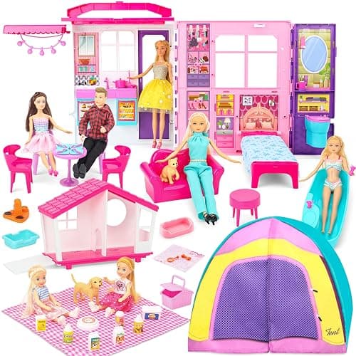 Style Shine Doll House Portable & Foldable Dollhouse w/ 60+ Pcs & 2 Dolls, Play House Toy with Bedroom Kitchen Pet House Camping Playset, Playhouse Birthday Gift for Girl Kid Toddler - Image 1