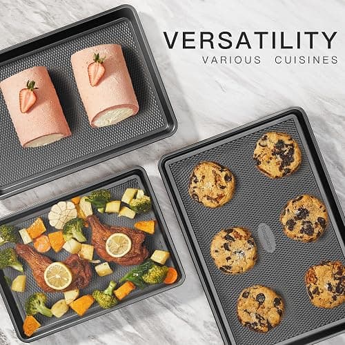 Cookie Sheets for Baking Nonstick - HONGBAKE Baking Sheet Pan Set of 3, Half/Quarter/Jelly Roll Pan for Oven with Diamond Texture Pattern, 57% Thicker Carbon Steel Cookie Trays, Dark Grey thumbnail 4