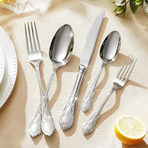 KINGSTONE Vintage Silverware Set, 40-Piece 18/10 Stainless Steel Retro Royal Flatware Cutlery Set for 8 with Carved Thick Handles, Tableware Utensils for Home,Party,Restaurant,Wedding,Dishwasher Safe thumbnail 2