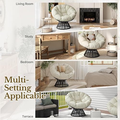 Yaheetech Indoor Papasan Chairs with Thick Tufted Cushions and Frame, Swivel Wicker Ergonomic Lounge Reading Chairs for Living Room/Bedroom, Beige thumbnail 8