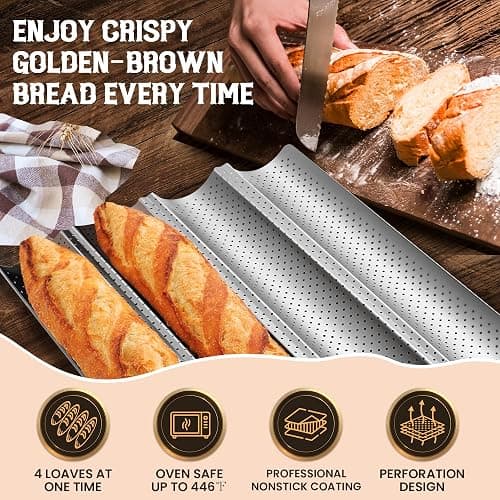 Pavsrmy Baguette Bread Pan, Premium Nonstick Perforated Baguette Pan for French Bread Baking, 4 Loaves Baguette Baking Tray for Sourdough, Italian Bread, Perfect for Creating Crisp Golden-Brown Crust thumbnail 3