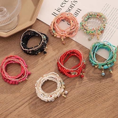 IFKM 8PCS Beaded Bracelets for Women, Multilayered Stackable Strand Stretch Bead Bracelet Pack Handmade Trendy Bohemian Charm Jewelry thumbnail 8