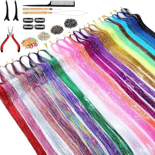 Hair Tinsel Kit (48 Inch, 24 Colors, 6000 strands), Tinsel Hair Extensions with Tools, Heat Resistant Glitter Hair Tinsel Kit for Women Hair Accessories - Image 1