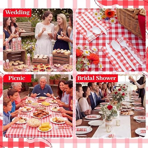 Lanties 200 Pcs BBQ Party Supplies Red White Gingham Biodegradable Disposable Tableware Set for 50 Guests Knives Spoon Fork Paper Napkins for BBQ Baby Shower Birthday Wedding thumbnail 8