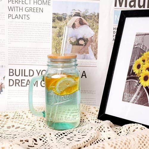 ANOTION Mason Jar with Handle - Colorful Drinking Glasses Colored Glass Cups with Lids and Straws Colored Glasses Drinking Set of 2 Mason Jars Iced Coffee Cups Tumblers Smoothie Water Bottles thumbnail 5