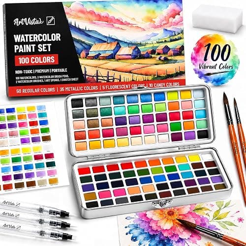 Watercolor Paint Set 100 Vibrant Colors for Adult Beginner Professional | With Metallic Colors. Travel Size Water Color Art Kit Palette for Adults & Beginners. Portable Watercolors, Artist Gifts Idea - Image 1