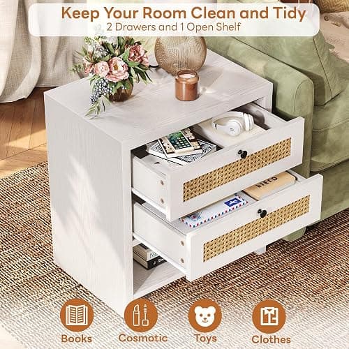 LIKIMIO Night Stand, 23" Wide Nightstand with Charging Station, Boho Side Table with Drawers and Open Shelf, Rattan Bedside End Table for Bedroom, White Oak thumbnail 4