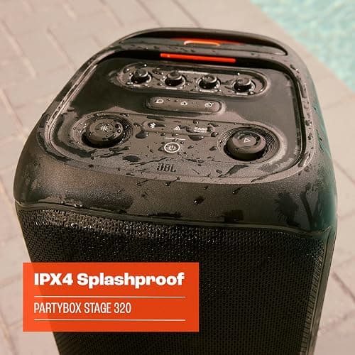 JBL Partybox Stage 320, Enceinte portable de soirée, roulettes et poignée télescopique intégrés, son JBL Pro, jeu de lumières, 18 heures d'autonomie, résistante aux éclaboussures IPX4, en noir thumbnail 2