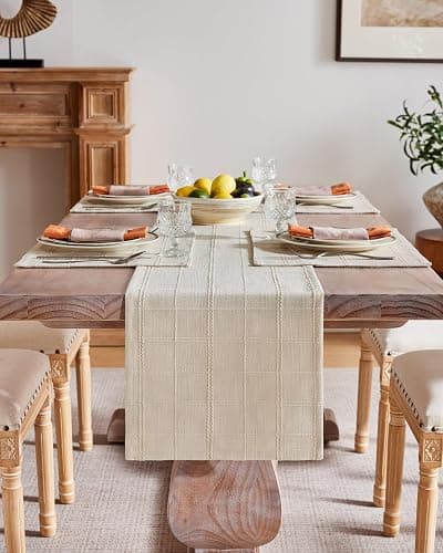 ZeeMart Linen Checked Placemats Set of 6, Plaid Embroidery Textured Table Mats, Double Layer Thick Farmhouse Rustic Place Mats for Kitchen Dining Table Home Decor, Beige 13x19 Inch thumbnail 5