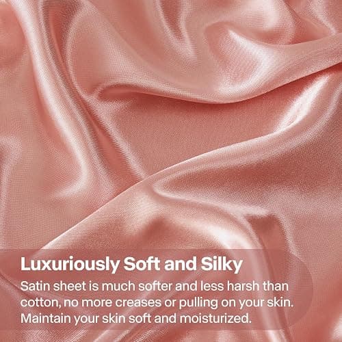 BEDELITE Satin Fitted Sheet and Pillowcases Set, Luxury Soft Similar to Silk Bottom Bed Sheet with Elastic Corner Straps, Deep Pocket up to 15 Inch, 1 Fitted Sheet and 2 Pillowcases(Full, Rose Pink) thumbnail 3