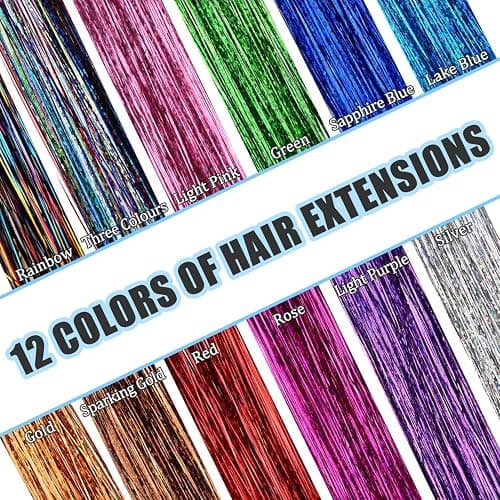 SYEYCW 12 Pieces 2400 Strands Hair Tinsel, 93 cm / 36.6 inch Hair Glitter Strands, Shiny Colorful Straight Hairs Extensions, Accessories for Christmas New Year Halloween Cosplay Party, 12 Colors thumbnail 3