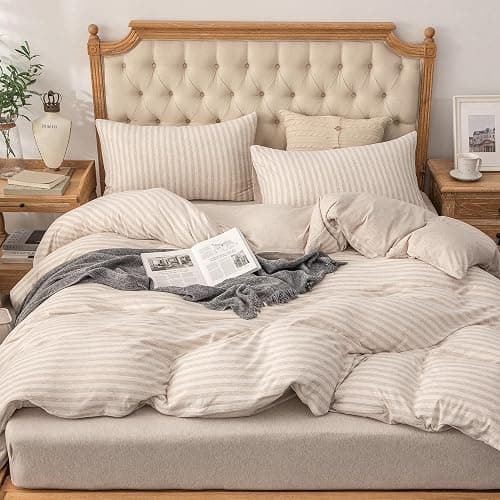 PURE ERA Jersey Knit Duvet Cover Set 100% T-Shirt Heather Cotton Super Soft Comfy Classic Striped Design, with Zipper Closure, Heather Beige Stripe, Queen thumbnail 6