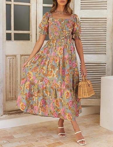 ZESICA Women's 2025 Summer Boho Floral Print Square Neck Ruffle Swing Beach Long Maxi Dress thumbnail 3
