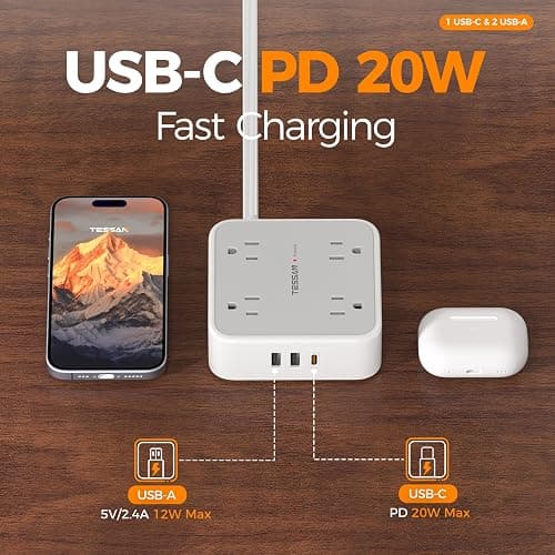 TESSAN Surge Protector Power Strip with 900J Surge Protection, 10 Ft, Grey | 8 AC 3 USB Ports (1 USB C 20W PD), Flat Plug Extension Cord with Multiple Outlets , 3 Sided Outlet Extender for Dorm Room thumbnail 5