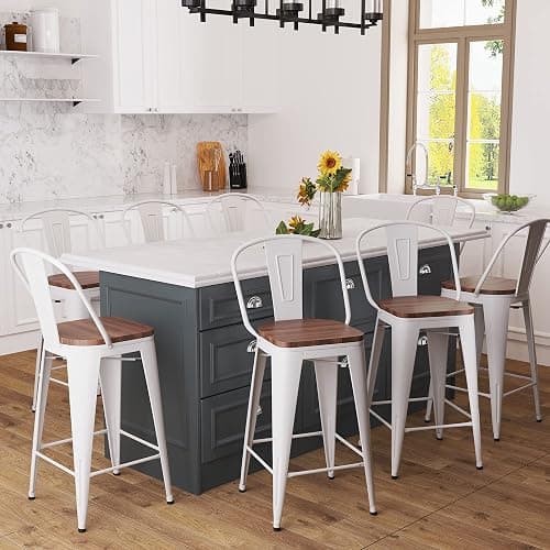 Aklaus Metal Bar Stools Set of 4,26 inch Barstools Counter Height Bar Stool with Backs Farmhouse Bar Stools with Larger seat High Back Kitchen Dining Chairs Modern Bar Chairs White Cream Stool thumbnail 4