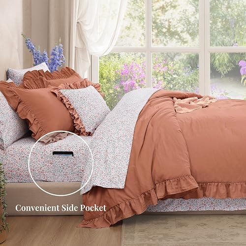 BLOOMHAVEN Queen Comforter Set - 7 Pieces Ruffle Autumn Leaf Bedding Sets, Shabby Chic Farmhouse Bed in a Bag Queen with Ruffle Comforter, Floral Sheets, Pillowcases & Shams thumbnail 4