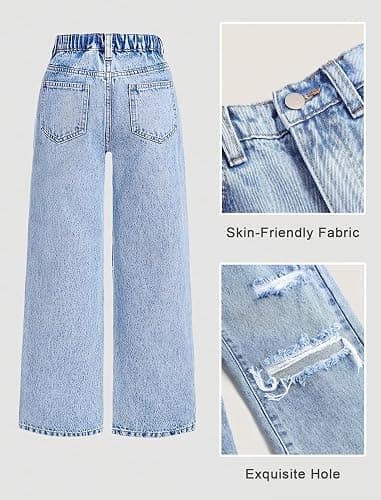 oyyniis Baggy Jeans for Girls Wide Leg Ripped High Elastic Waisted Denim Pants Cute Summer Trousers Y2K Streetwear 7-14Y thumbnail 4