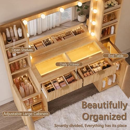 56'' Fluted Wooden Vanity with RGB Hollywood Lights & 36" HD Mirror -Oak | Big Vanity with Glass Top, Drawers, 16 Storage Area, Boho Makeup Vanity With Charging Station for Girls, Women , Bedroom -Oak thumbnail 3