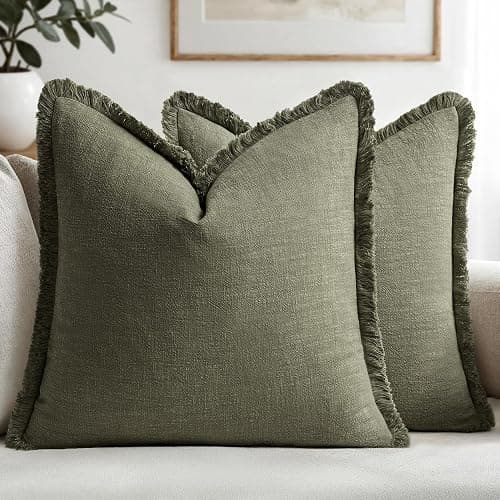 MIULEE Set of 2 Linen Throw Pillow Covers Decorative Boho Square with Tassels Farmhouse Cushion Covers Olive Green Accent Pillowcase with Fringe for Couch Sofa Bed Living Room Spring 20x20 Inch - Image 1