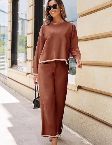 Tanming Women's 2 Piece Outfits Long Sleeve Knit Sweater Top Wide Leg Pants Lounge Sets Tracksuits - X-Small - Rust thumbnail 3