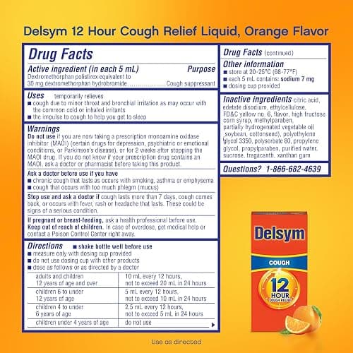 Delsym 12 Hour Cough Medicine for Adults, Powerful Relief for 12 Hours, Cough Suppressant Liquid with Extended-Release Dextromethorphan, Orange Flavor Liquid Cough Syrup, 5 Fl Oz (Pack of 1) thumbnail 5