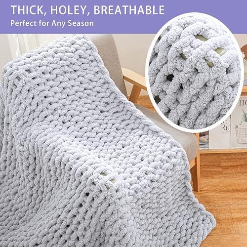Bigacogo Chunky Knit Throw Blanket for Couch, 40x60 inches, 100% Hand Knitted with Thick Jumbo Chenille Yarn, Cozy Soft Large Rope Knot Cable Crochet Blankets for Sofa Bed Living Room, Light Grey thumbnail 6