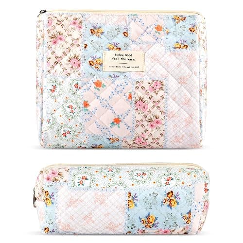 2Pcs Quilted Cotton Makeup Bag Large Travel Makeup Pouch Small Brush Holder Set for Women Cute Floral Coquette Makeup Bag Aesthetic Cosmetic Bag Flower Bee Toiletry Organizer Storage Bag Zipper Pouch - Image 1