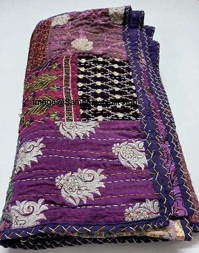 Multicolor Patchwork Quilt Vintage Indian Reversible Quilted Throw Blanket Super Soft and Warm Living Room Decorative for Sofa and Couch 60X67 inches (Purple) thumbnail 5