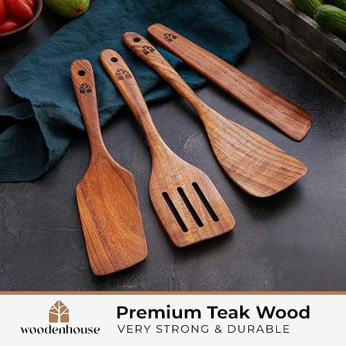 Wooden Spatula for Cooking, Teak Spatulas for Kitchen Use - Wooden Cooking Utensils Set of 4 including Paddle, Turner, Slotted Spurtle and Wood Scraper. Nonstick cookware, Kitchen Gifts for Women Men thumbnail 4