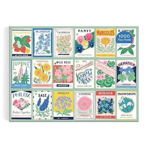 Galison Ever Upward – 1000 Piece Puzzle Fun and Challenging Activity with Bright and Bold Artwork of Vintage Style Flower Seed Packets for Adults and Families thumbnail 4