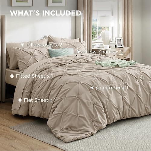 Bedsure Queen Comforter Set Beige - Bed in a Bag Queen Size Bedding 7 Pieces, GentleSoft™ Pintuck Bed Set Gift for Family, Pinch Pleat All Season Comforter with Sheets, Pillowcases & Shams thumbnail 9