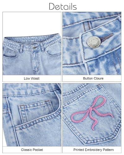 Flvsun Women's Y2k Bow Low Rise Baggy Jeans 2025 Fall Embroidery Wide Leg Boyfriend Denim Pants thumbnail 2