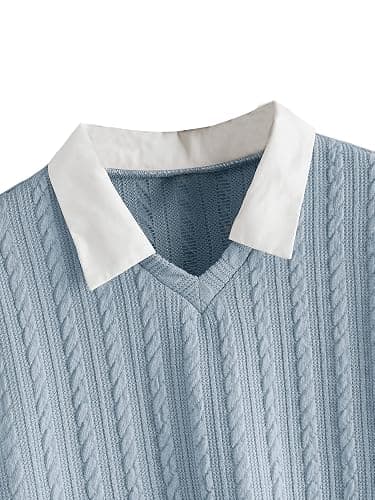 SweatyRocks Women's Collar Long Sleeve Shirt Ribbed Knit 2 in 1 Blouse Crop Top Sweater Shirt Top thumbnail 4