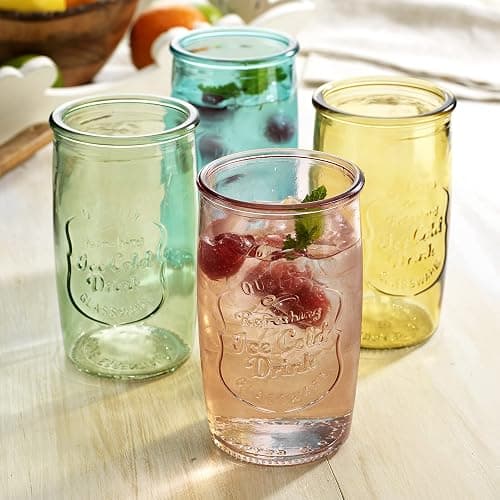 Glaver's Colored Glassware, Ice Cold Drinking Glasses Set of 4 – 20 Oz Vintage Glass Cups for Kitchen, Dining Table – Multi- Colors Glass Tumblers. Hand Wash. thumbnail 2