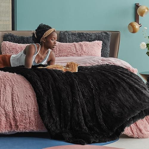 Bedsure GentleSoft Fluffy Black Blankets Queen Size for Bed, Thick Sherpa Faux Fur Fleece Fuzzy Plush Winter Warm Soft Full Queen Blankets, Bedroom Decor Black Gifts Cozy Gifts for Women Men, 90x90 thumbnail 6