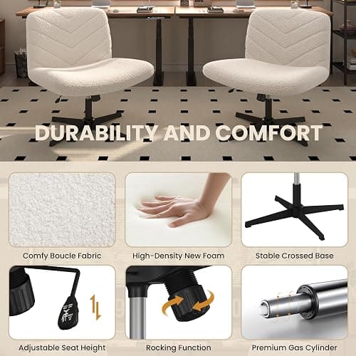 Yaheetech Wide Seat Cross Legged Office Chair, Adjustable Armless Office Chairs with No Wheels, Vanity Chair Criss Cross Chair Swivel Computer Chairs, Ivory thumbnail 4
