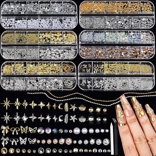 Teenitor Gold and Silver Nail Charms and Gems Set, 6 Boxes Multi-Shapes Nail Gems Nail Rhinestones Nail Pearls for Nail Art Design - Image 1
