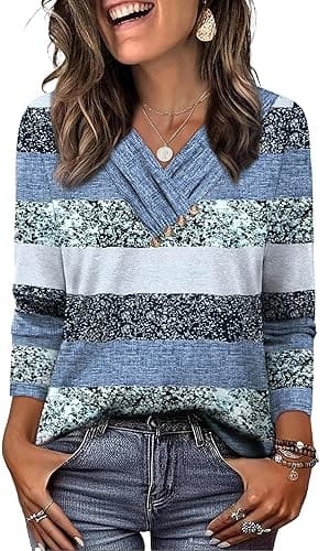 WIHOLL Long Sleeve Shirts for Women Fall Outfits V Neck T Shirts Button Down Tunic Tops Fashion Clothing thumbnail 3