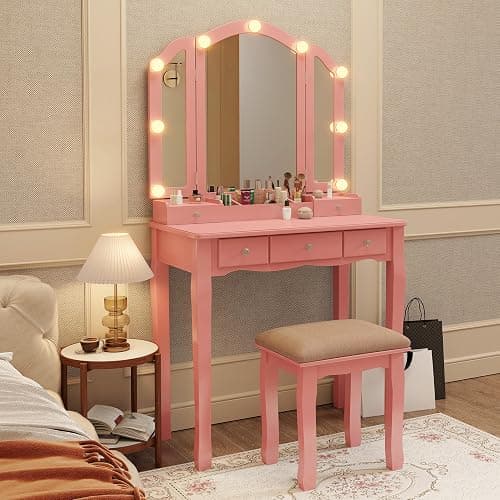Phonrida Pink Makeup Vanity for Girls Vanity Desk with Mirror and Lights Girls Vanity Desk Vanity with Lights Make Up Vanity Set tocadores para maquillarse con Luces y cajones Vanity Table Set thumbnail 4