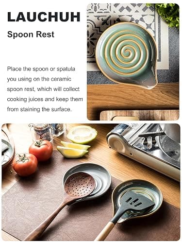 LAUCHUH Spoon Rest for Kitchen Counter,5" Spoon Holder for Kitchen Counter Stove Top Ceramic Spatula Holder for Ladle, Spatula, Spoons or Tongs, Thanksgiving Gifts, Unique Green thumbnail 5