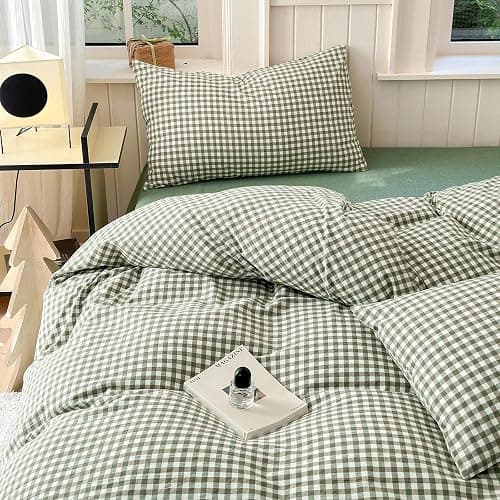 LifeTB Green Gingham Comforter Set Full Size Boho Plaid Checkered Pattern Comforter Geometric Grid Plaid Printed Bedding Comforter Set with 2 Pillowcases Fluffy Soft Gingham Bedding Set Full Size thumbnail 8