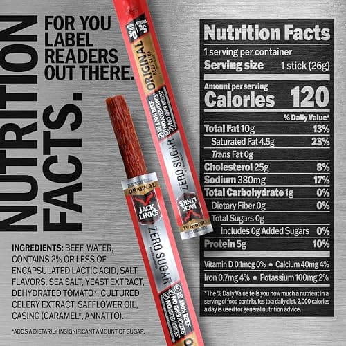 Jack Link's Original Zero Sugar Beef Sticks - (20 Pack) 0.92 oz Meat Sticks - Ready to Eat Protein Snacks - 5g Protein per Serving - Made with 100% Real Beef thumbnail 2