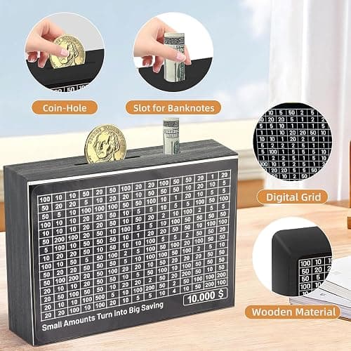 URHAN Wooden Money Saving Box – Cash Savings Box for $10000 $5000 $3000 $1000 $800 $500 Target Money Saving Challenge – Money Box with Counter – Ideal Gift for Kids & Adults – No Install Required thumbnail 7