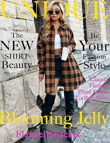 Blooming Jelly Women's Button Down Flannel Shirts Plaid Shacket Long Sleeve Collared Long Jacket Coats thumbnail 2