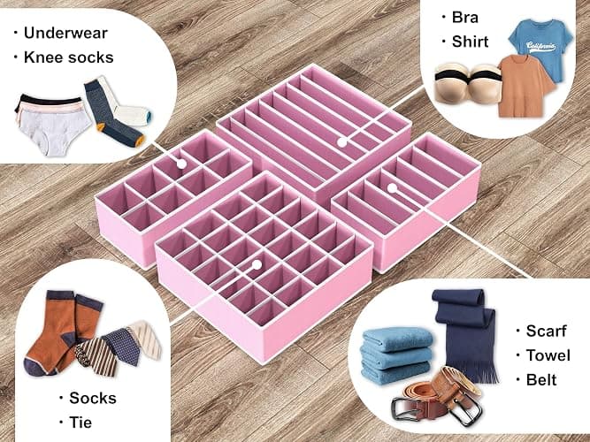 Simple Houseware 4-Pack Drawer Organizer Set - Closet Dividers for Underwear, Socks, Bras, Scarves, Ties - Foldable Non-Woven Storage Boxes, Pink thumbnail 5