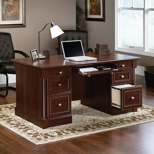 Sauder Palladia Office Desk with Drawers, Executive Desk with File Cabinet Storage, Cable Management, Keyboard Tray, in Select Cherry Finish thumbnail 4