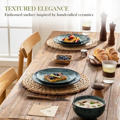 MALACASA 12 Pieces Dinnerware Sets, Farmhouse Plates and Bowls Sets, Embossed Green Dish Set for 4, Vintage Relief Ceramic Dish Set, Chip-Resistant, Microwave and Dishwasher Safe, Series LYDIA thumbnail 4