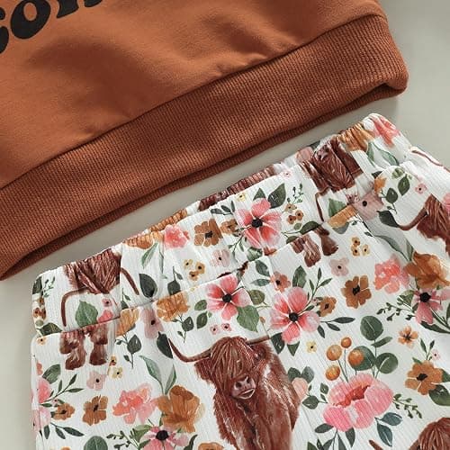 Karuedoo Toddler Baby Girl Western Outfit Letter Print Crewneck Sweatshirt Top Cow Flared Pants Set 2PCS Fall Winter Outfits thumbnail 5